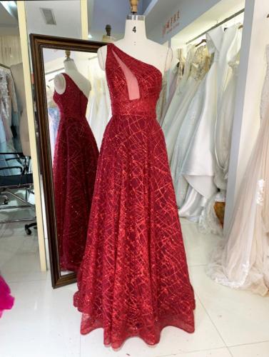 American red one shoulder evening gowns sexy elegant prom dresses