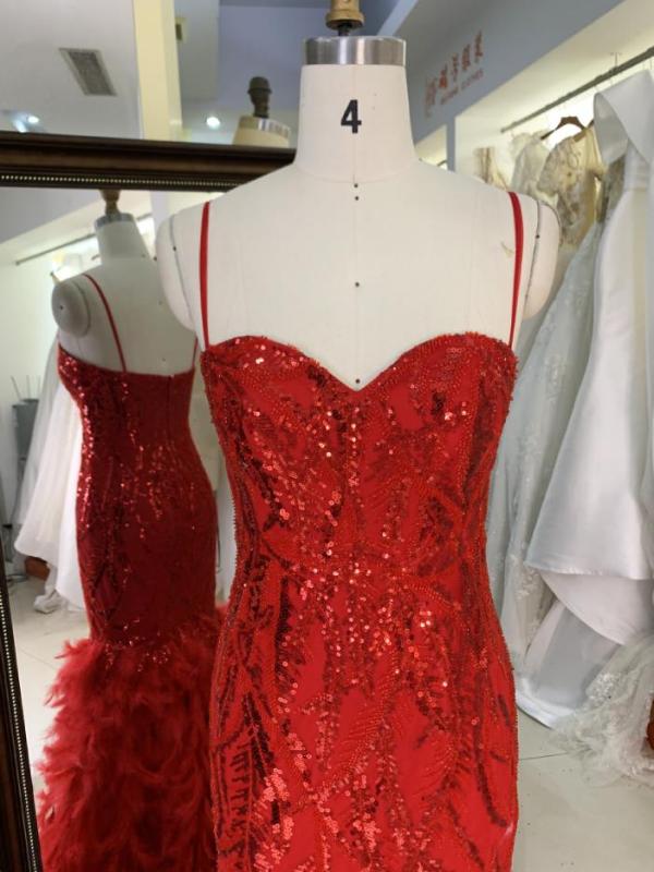 Red emerald wholesale mermaid sequin sleeveless fishtail feather mermaid prom evening dresses women lady elegant