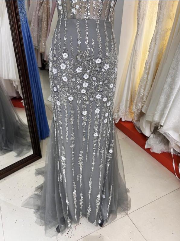 Silver Gray glitter fabric flower sweetheart corset tulle mermaid fitted prom evening dresses for sexy women