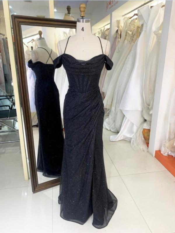 2023 New romantic champagne off shoulder pleat long prom dresses for women