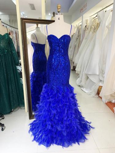 Red emerald wholesale mermaid sequin sleeveless fishtail feather mermaid prom evening dresses women lady elegant