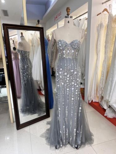 Silver Gray glitter fabric flower sweetheart corset tulle mermaid fitted prom evening dresses for sexy women