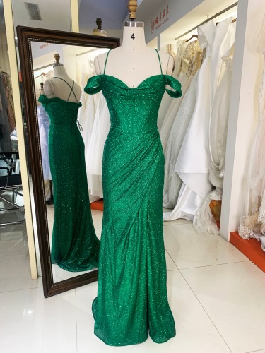 New romantic champagne off shoulder pleat long prom dresses for women