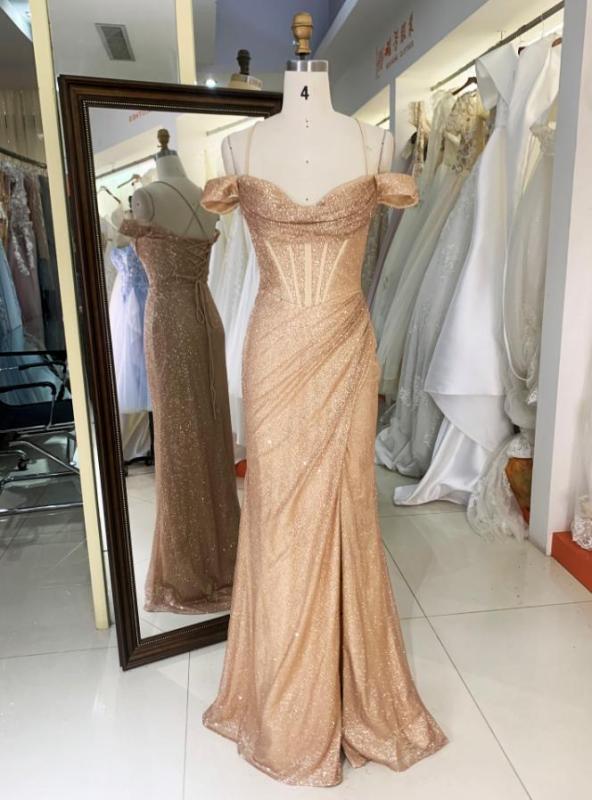 2023 New romantic champagne off shoulder pleat long prom dresses for women