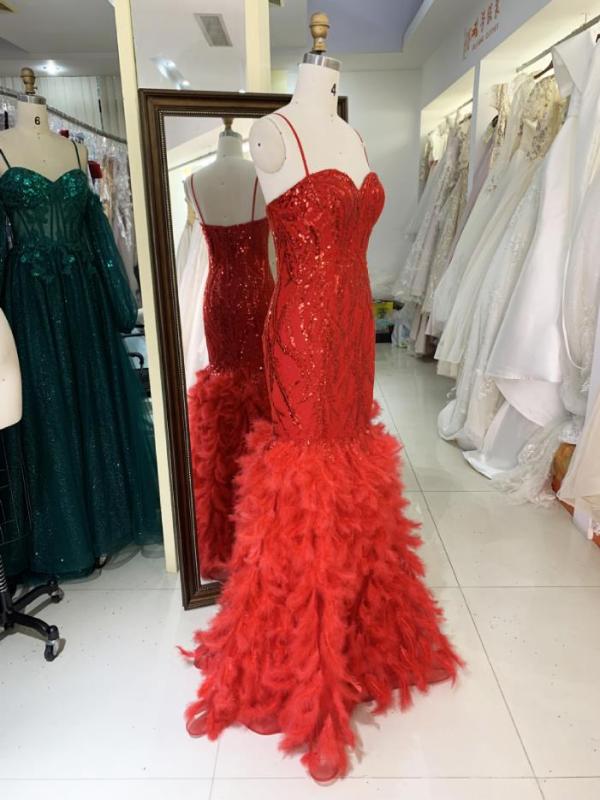Red emerald wholesale mermaid sequin sleeveless fishtail feather mermaid prom evening dresses women lady elegant