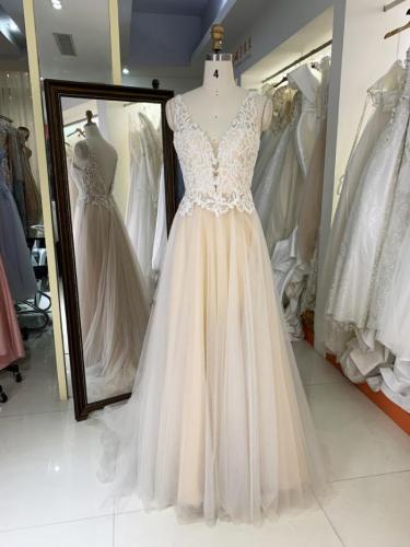 A Line embroidery tulle sleeveless white on nude bridal dresses with for wedding