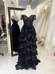 Factory wholesale Black off shoulder ruffle dresses dress arabic luxury prom evening mermaid gown