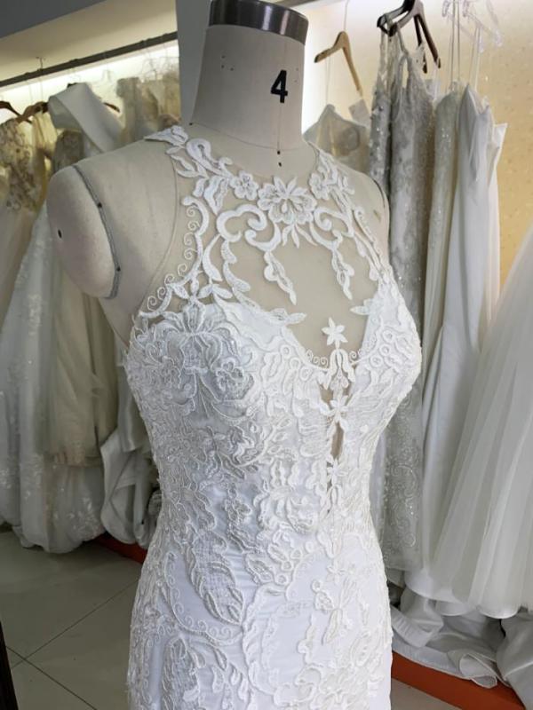 White Embroidery tulle mermaid fitted halter neck bridal dresses with long train for wedding dress ball gown luxury brida