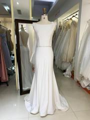 Bridal Strech jersey luxury satin sleeveless feather hand beading waist chain mermaid long wedding dresses