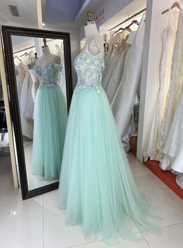 Wholesale american off shoulder multi color 3D flower embroidery A line prom dress