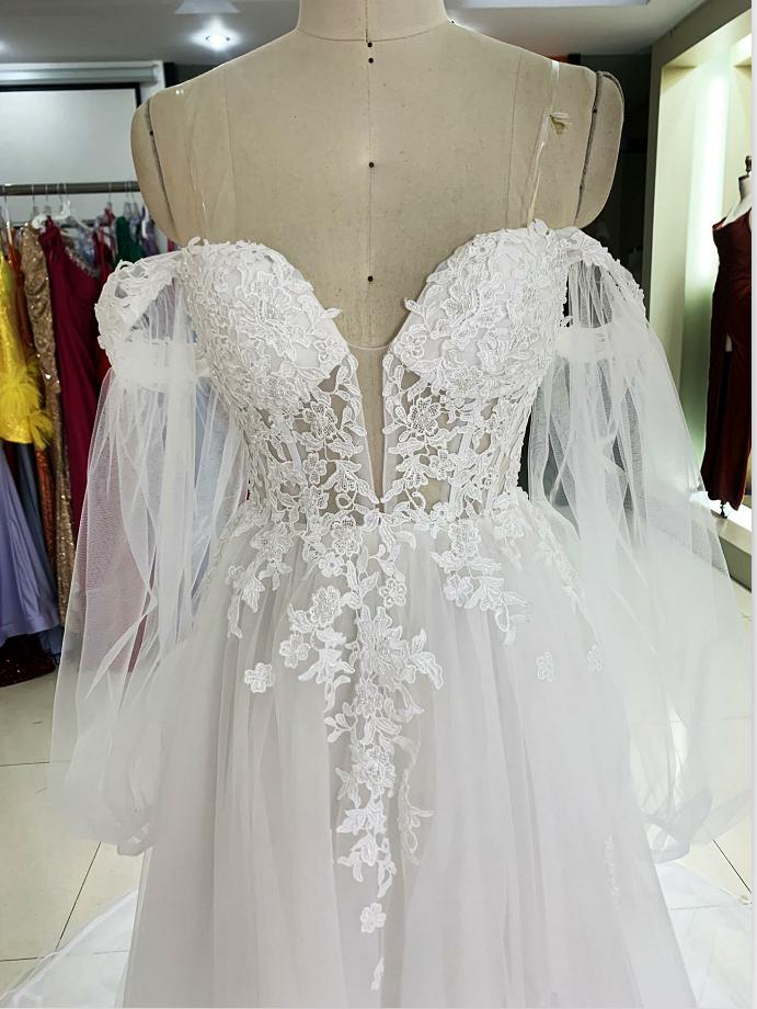 New ivory off shoulder puff long sleeve embroidery tulle A line long train bridal dresses for wedding dresses 2023