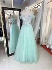 Wholesale american off shoulder multi color 3D flower embroidery A line prom dress