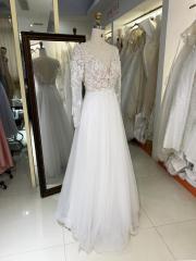 Tulle embroidery V neck back a line elegant white bridal dresses for wedding wedding dress long sleeve luxury