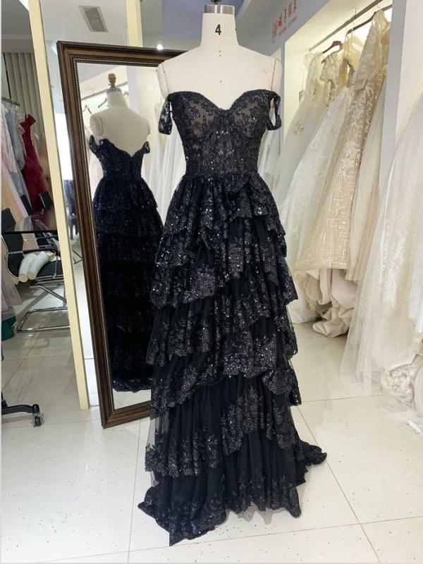 Factory wholesale Black off shoulder ruffle dresses dress arabic luxury prom evening mermaid gown