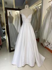 2023 New simple elegant off sleeveless satin A line embroidery with long train for wedding dress ball gown luxury bridal