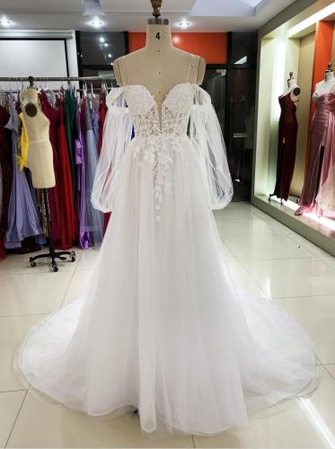 New ivory off shoulder puff long sleeve embroidery tulle A line long train bridal dresses for wedding dresses