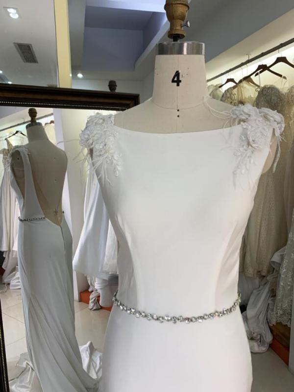 Bridal Strech jersey luxury satin sleeveless feather hand beading waist chain mermaid long wedding dresses