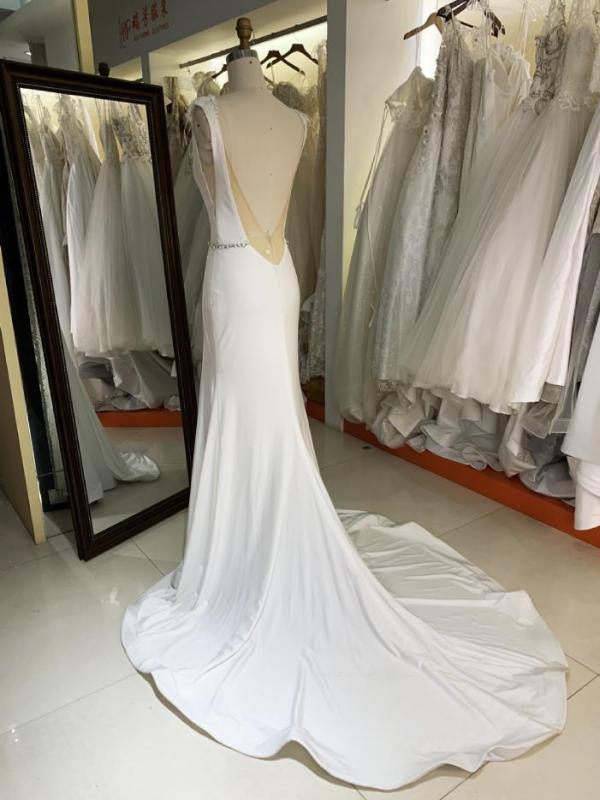 Bridal Strech jersey luxury satin sleeveless feather hand beading waist chain mermaid long wedding dresses