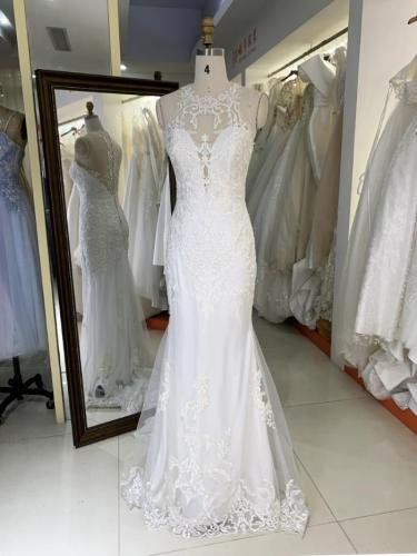 White Embroidery tulle mermaid fitted halter neck bridal dresses with long train for wedding dress ball gown luxury brida