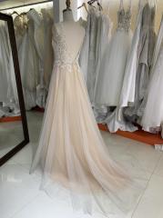 A Line embroidery tulle sleeveless white on nude bridal dresses with for wedding