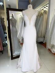 2023 new full handmade embroidery satin sleeveless luxury white bridal dresses with lomg train for wedding dress ball