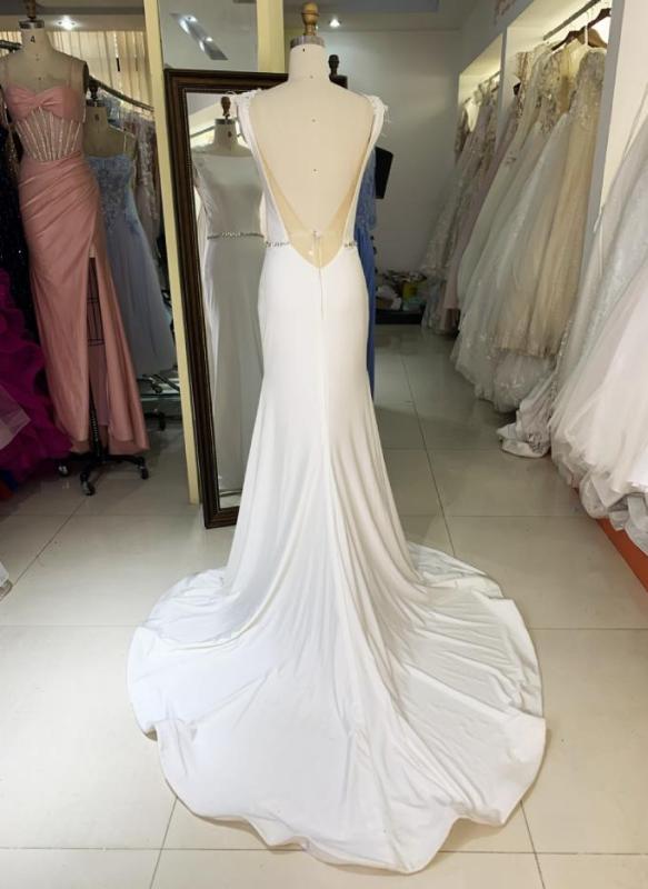Bridal Strech jersey luxury satin sleeveless feather hand beading waist chain mermaid long wedding dresses