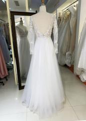 Tulle embroidery V neck back a line elegant white bridal dresses for wedding wedding dress long sleeve luxury