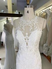 White Embroidery tulle mermaid fitted halter neck bridal dresses with long train for wedding dress ball gown luxury brida