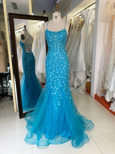 New 3D lace embroidery sleeveless mermaid fitted lace up back prom dresses