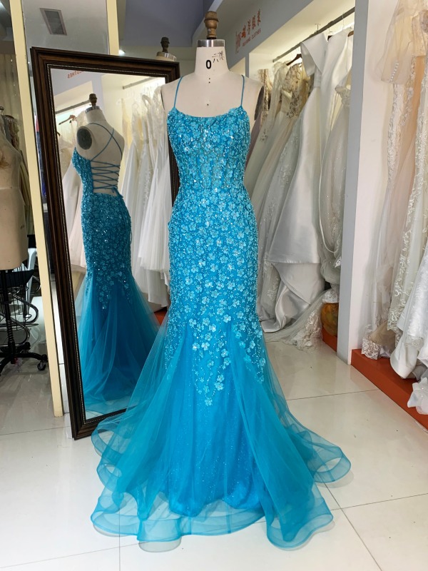2023 New 3D lace embroidery sleeveless mermaid fitted lace up back prom dresses
