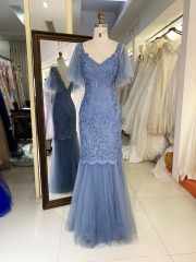 Dusty Blue V back mermaid lace embroidery beading puff sleeve tulle elegant evening mother of the bride dresses
