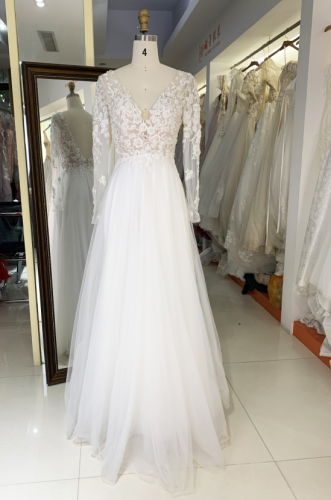 V neck lace vintage elegant long sleeve dress for weddings bridal