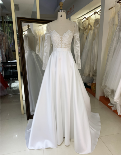 Wholesale dress for elegant sexy bridal long sleeve satin wedding dress