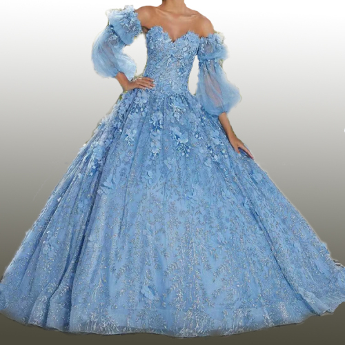 Light blue factory wholesale embroidery long puff detachable sleeve sweet 16 princess ball gown for girls