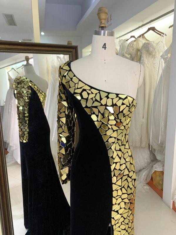 Black gold mirror one long sleeve velvet mermaid evening dresses 2023