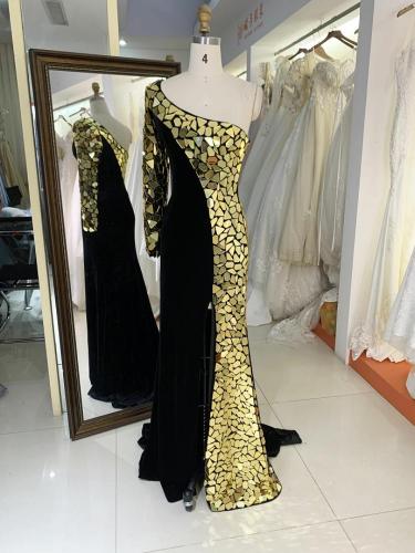 Black gold mirror one long sleeve velvet mermaid evening dresses