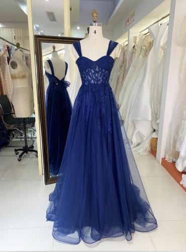 Black Navy A line sleeveless embroidery tulle prom dresses with slit for women