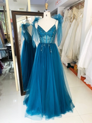 Dusty Blue Teal Ivory corset beading A line tulle pom evening dresses with tie
