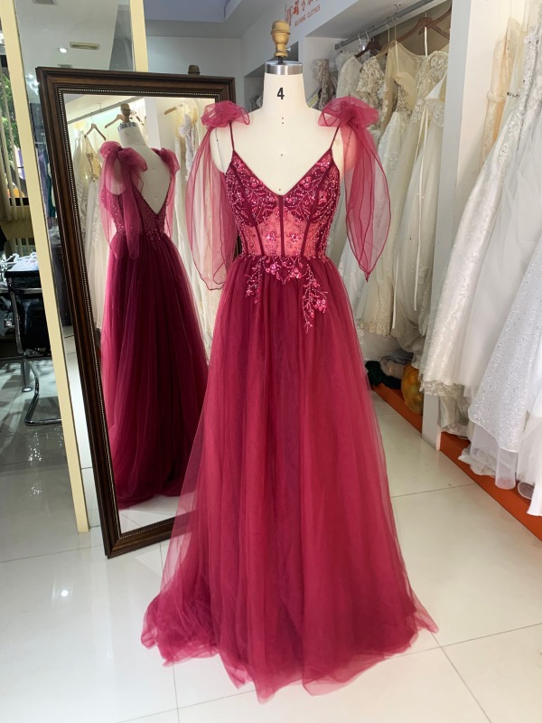 Dusty Blue Teal Ivory 2023 corset beading A line tulle pom evening dresses with tie