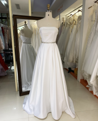 Factory wholesale white sleeveless satin long tail simple rhinestone waistband A line wedding dresses