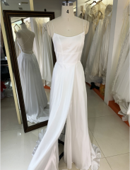 Factory wholesale white sleeveless satin A Line lace up back side slit simple elegant wedding dresses
