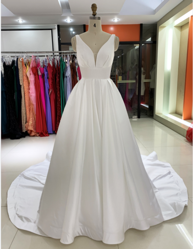 Wholesale white sleeveless satin hand pleated A line long tail simple elegant wedding dresses