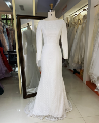 Factory wholesale white long sleeve lace mermaid full back long tail simple elegant wedding dresses