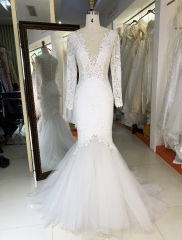 Factory wholesale white long sleeve mermaid fishtail embroidery tulle luxury wedding dresses