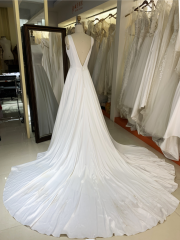 Factory wholesale white sleeveless satin A line V back round neck simple elegant wedding dresses