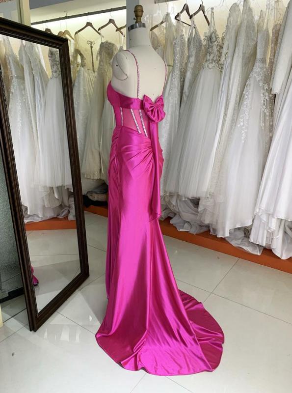 Fuchsia Red sleeveless corset mesh satin rhinestone lace up back pleated fitting prom bridesmaid dress