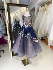 Navy sleeveless round neck luxurois princess ruffle tulle embroidery organza flower girl dress ball gown