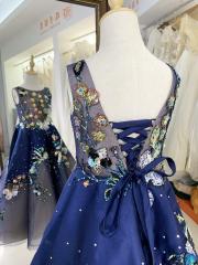 Navy sleeveless round neck luxurois princess ruffle tulle embroidery organza flower girl dress ball gown