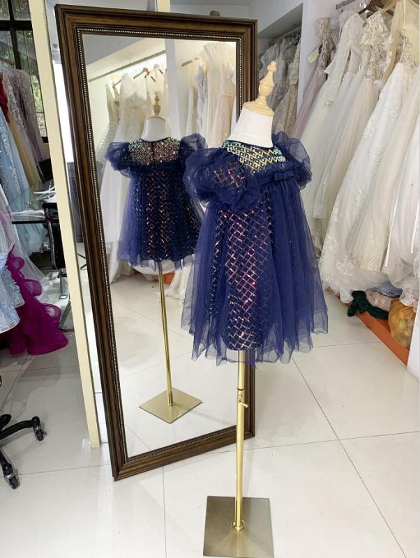 Navy luxurois princess tulle beading summer sleeveless mesh flower girl dress