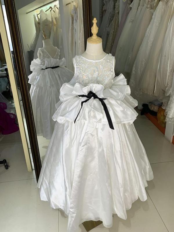 White Lilac luxurois princess summer sleeveless sequin satin flower girl dress ball gown
